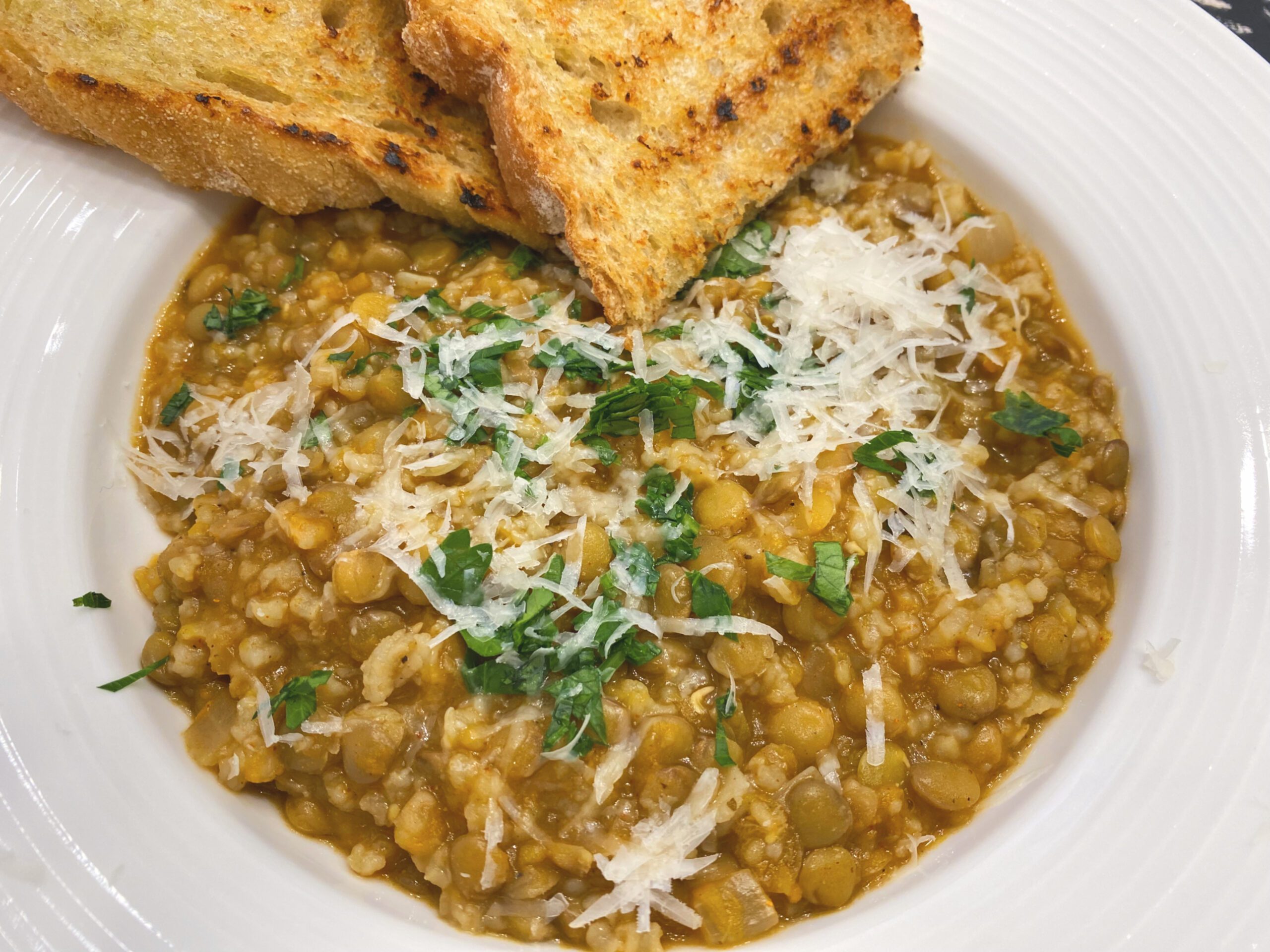 Green Lentil Soup with crusty bread